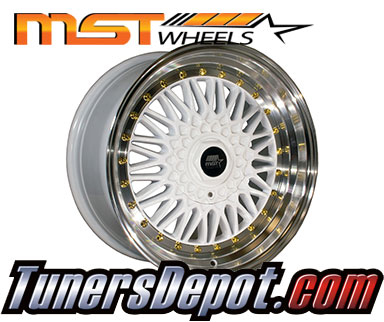 MST Wheels MT13 (Set of 4) - Universal 17x8.5 White w/Machined Lip Gold Rivets (5x100/5x114.3, ET+35)